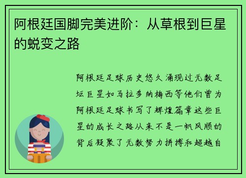 阿根廷国脚完美进阶：从草根到巨星的蜕变之路